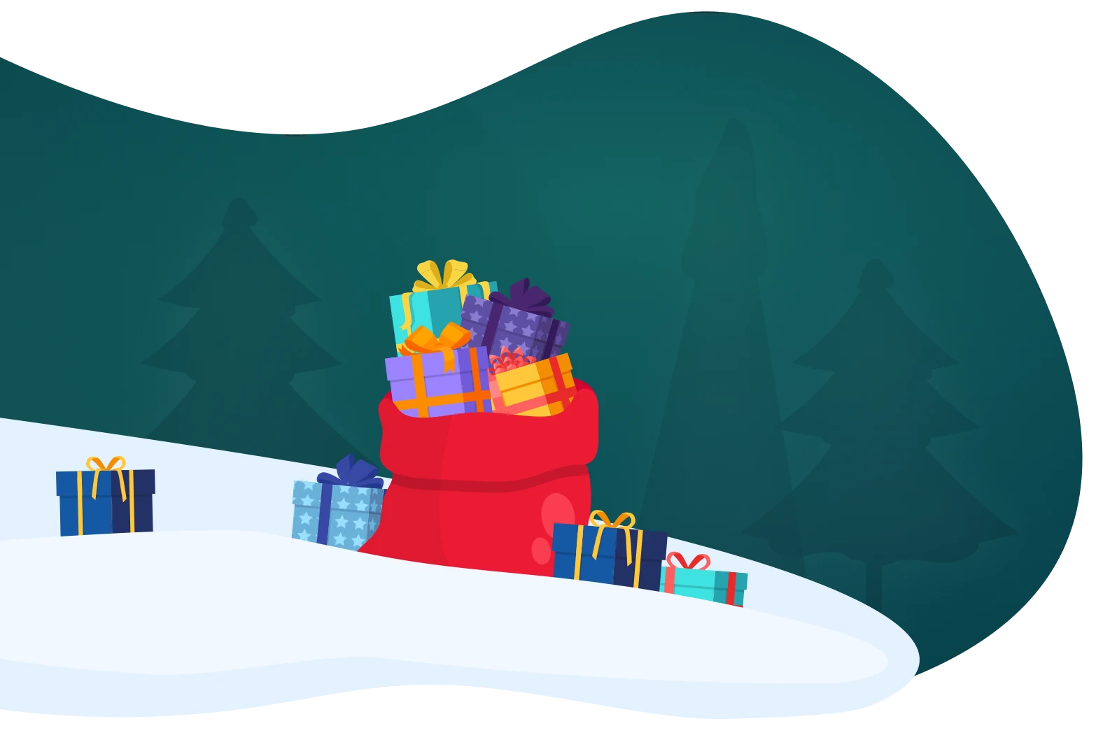 Illustration d'une hotte remplie de cadeaux dans la neige